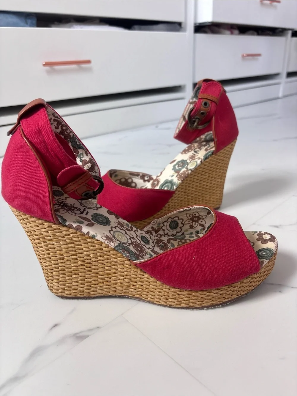 Red Espadrille Wedge Sandals Refresh Floral Platform Ankle Strap Boho Size 9